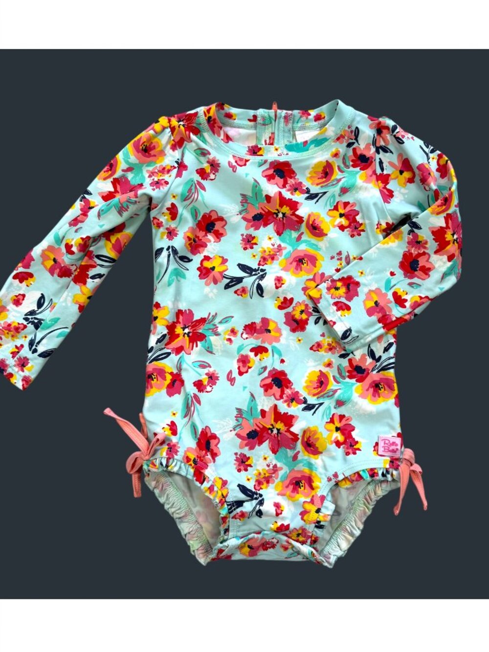 Ruffle Butts Blue Peach Floral One Piece Rash Guard Swim Suit Size 2T